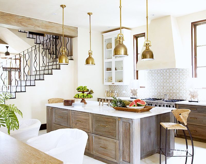 costa rica vacation home kitchen wooden island gold pendant lighting tile backsplash