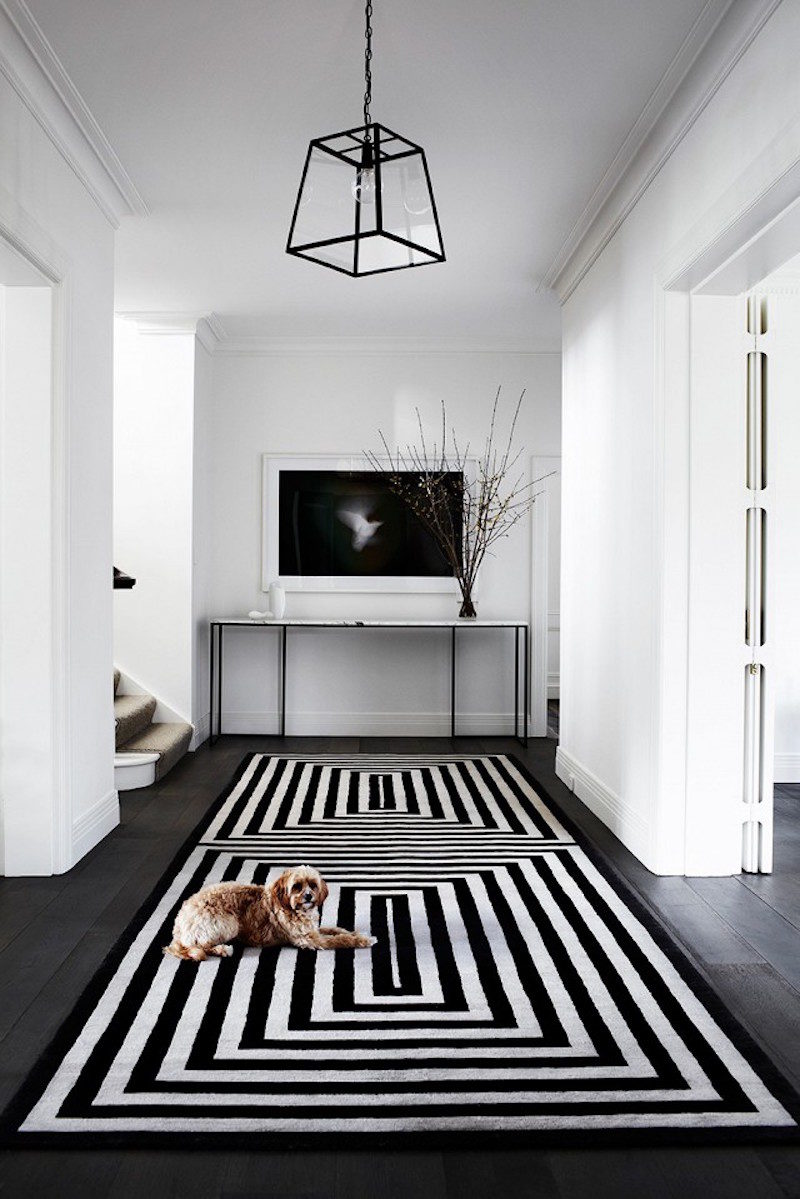 australian entry way striped rug lantern dog white walls