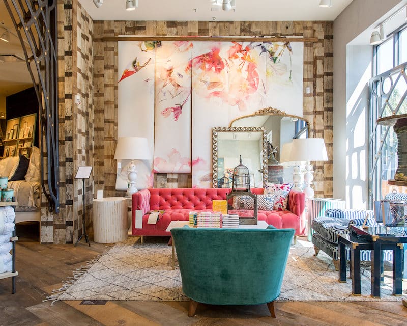 living room design pink teal velvet sofa