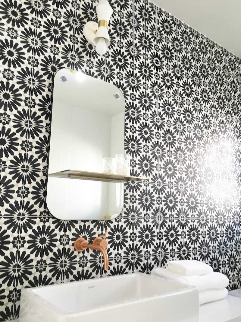 black white cement tile mirror sink bathroom