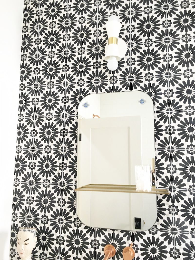 black white cement tile mirror bathroom