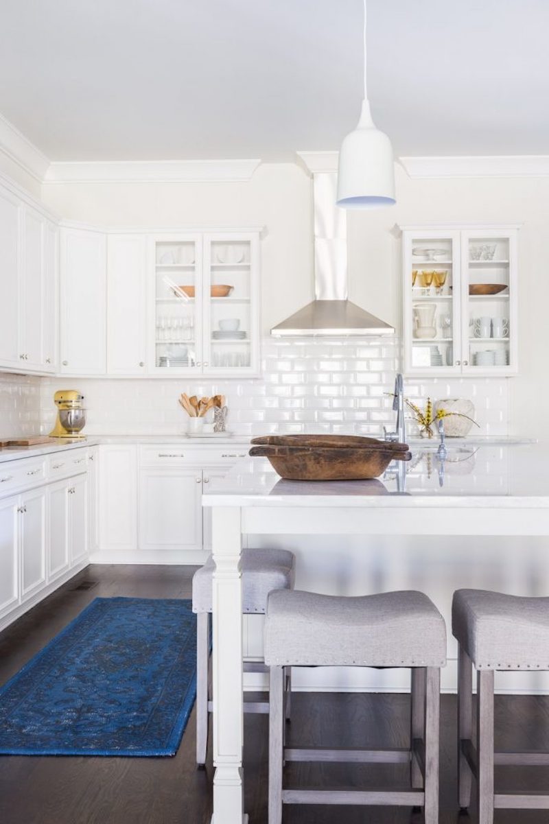classic white kitchen blue rug grey barstools