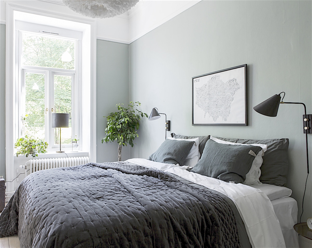Alt tag for grey-green-walls-paint-bedroom-ficus-plants-apartment-2-cococozy-alvhem