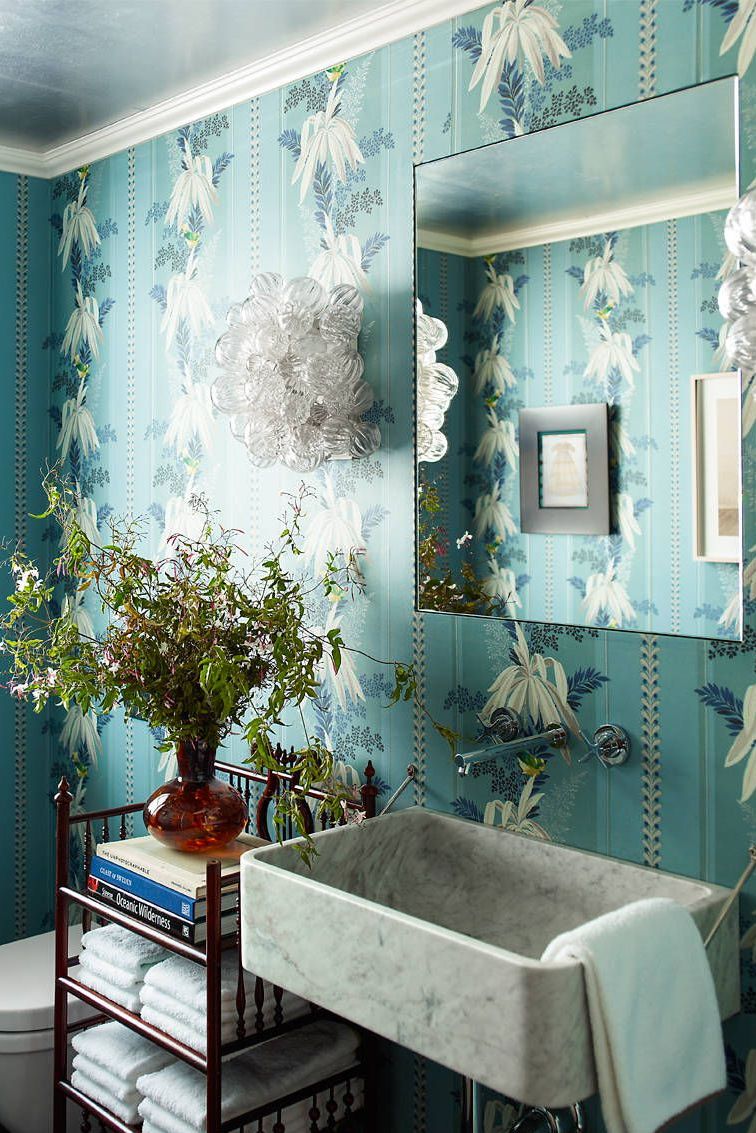 Alt tag for blue-floral-wallpapr-marble-sink-small-bathroom-design-cococozy-katieridder