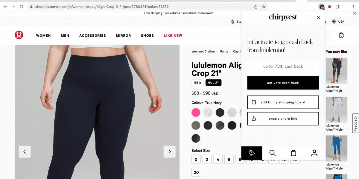 Alt tag for lululemon-earn-cash-back-chirpyest-cococozy