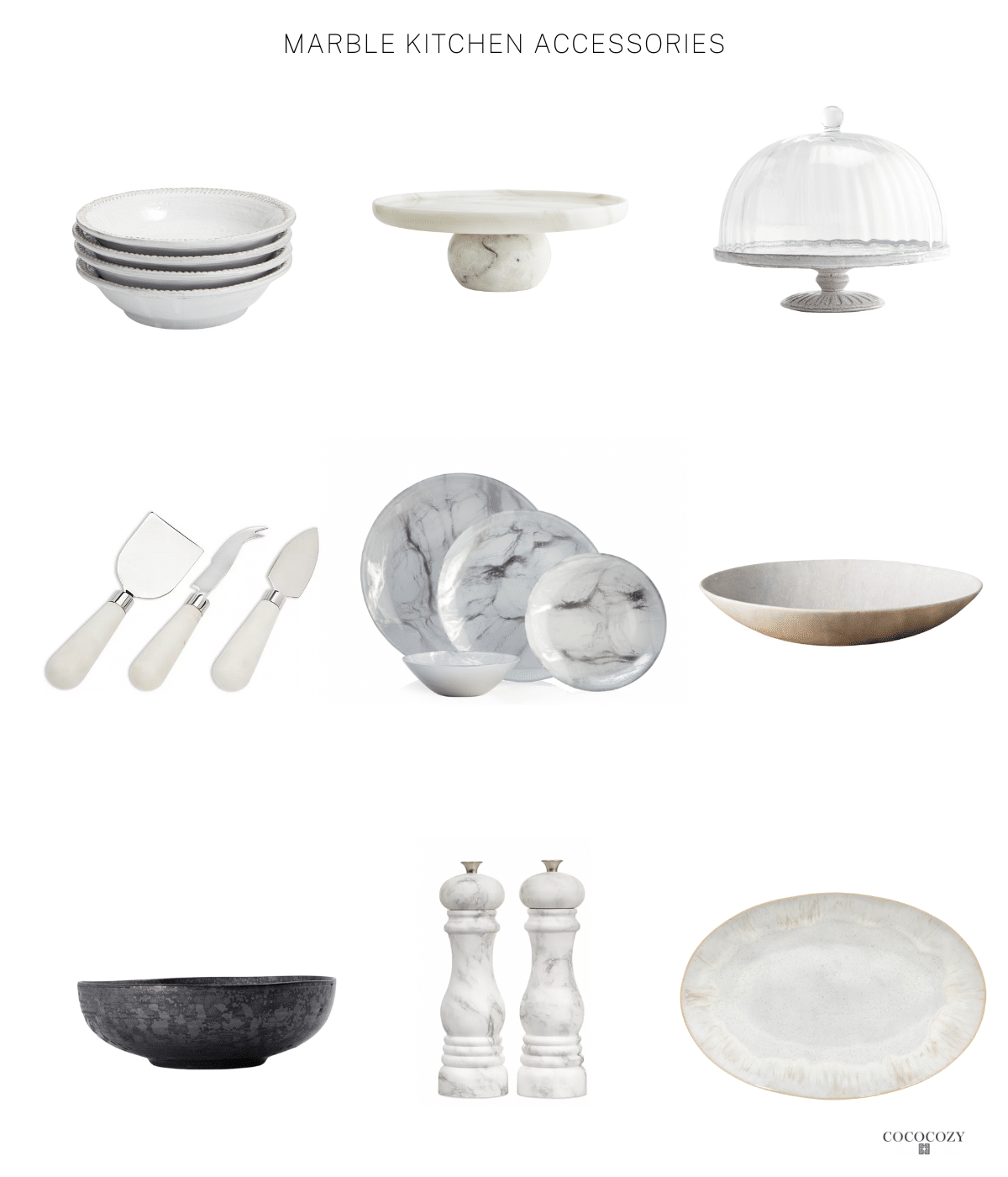 Alt tag for white-marble-kitchen-accessories-plates-bowls-cloche-