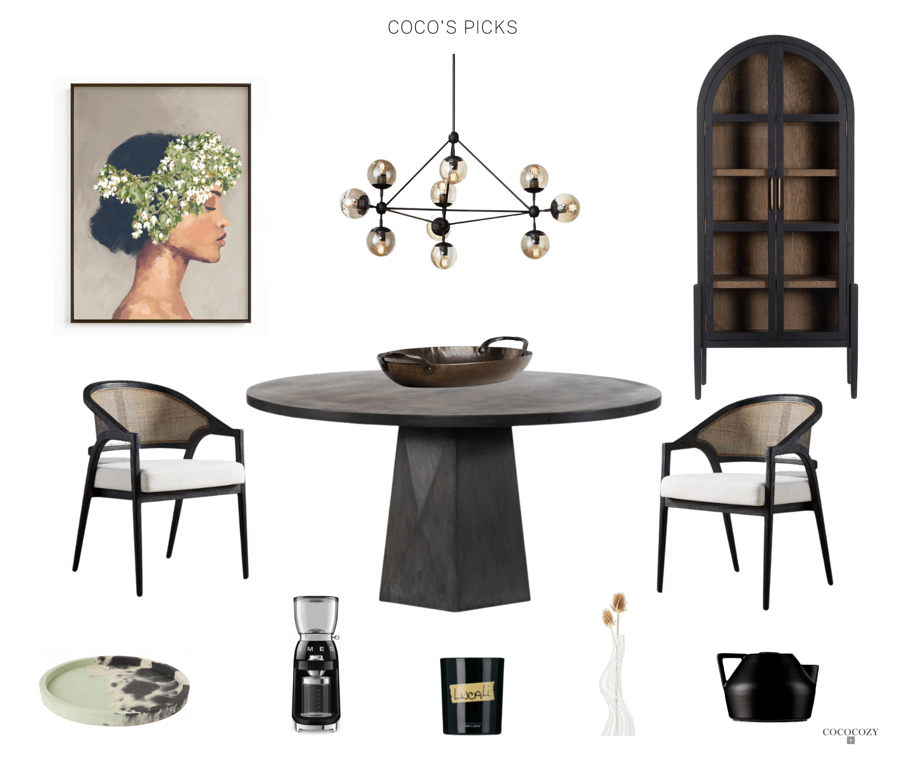Alt tag for dining-room-black-armchairs-modern-chandelier-cococozy