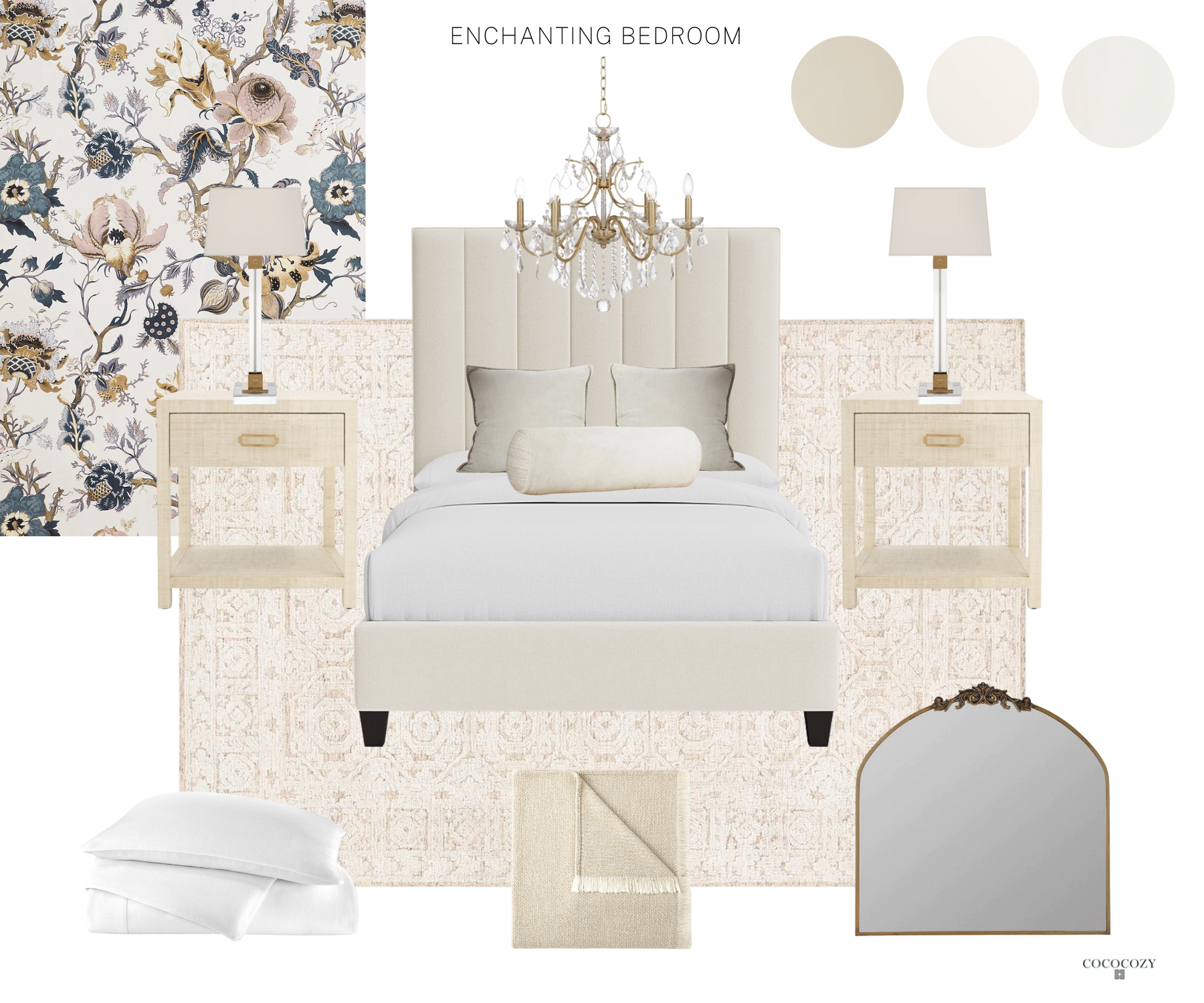Alt tag for enchanted-bedroom-design-king-headboard-chandelier-neutral-room-cococozy