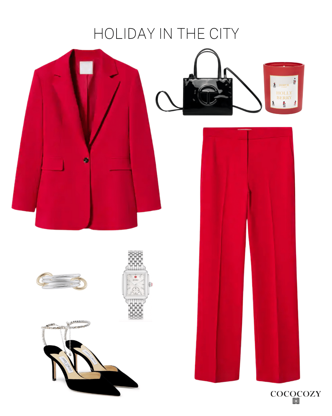 Alt tag for red-pantsuit-jimmy-choo-christmas-outfit-cococozy