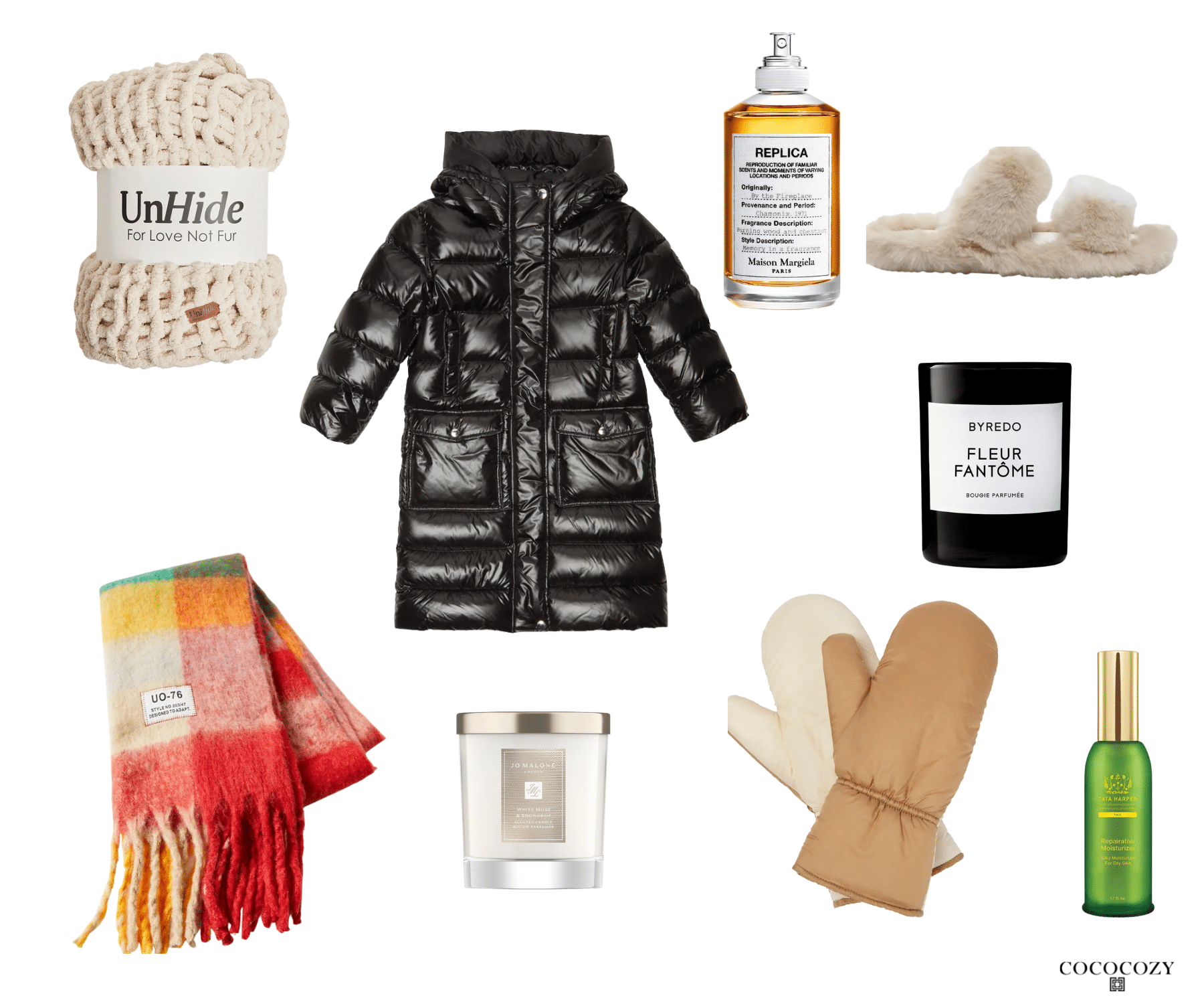 Alt tag for winter-staples-fashion-puffer-coat-mits-scarf-cococozy