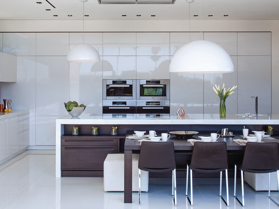 White and brown modern kitchen in a Beverly Hills mansion