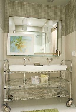 commercial metal shelving cart converted into a bathroom sink base
