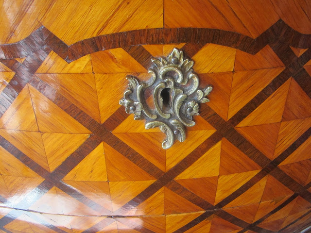Close up of the trellis wood inlay won an antique Bombay chest at the Marche aux Puces at the Porte de Clignancourt in Paris