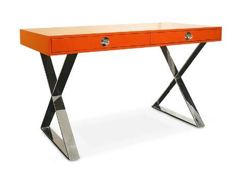 Orange lacquer desk with metal base, polished nickel and lucite drawer pulls