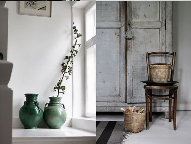 Green flower pots and a rustic chair in a white, well styled home