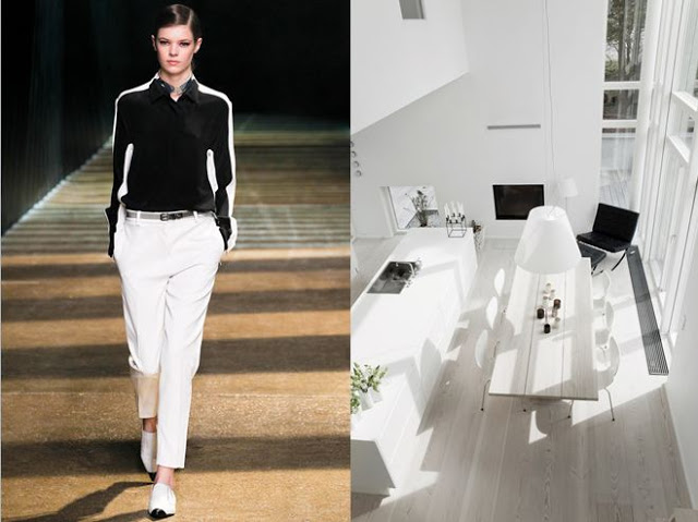 On the left there is a model from Phillip Lim's Fall 2012 Ready to wear show, on the right there is an image of a completely white kitchen taken from above with black accents from a computer and a tv