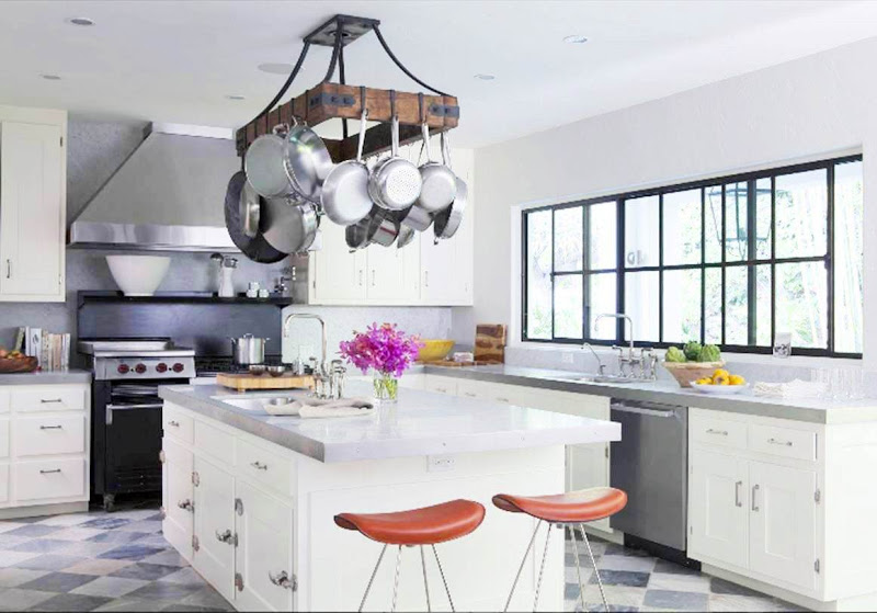 Kitchen with marble tile floors in medium and light grey laid on the diagonal, a black range, white cabinets, red bar stools are propped up at the island, marble countertops and a rustic reclaimed wood looking pot rack over the center island.