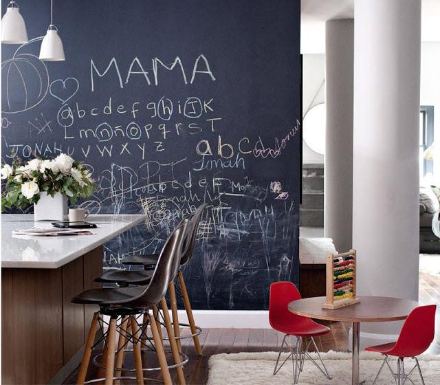 chalk board wall with child's handwriting all over it in kitchen