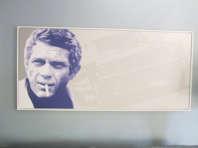 Painting of Steve McQueen with a Ford Mustang from the 1968 movie Bullitt