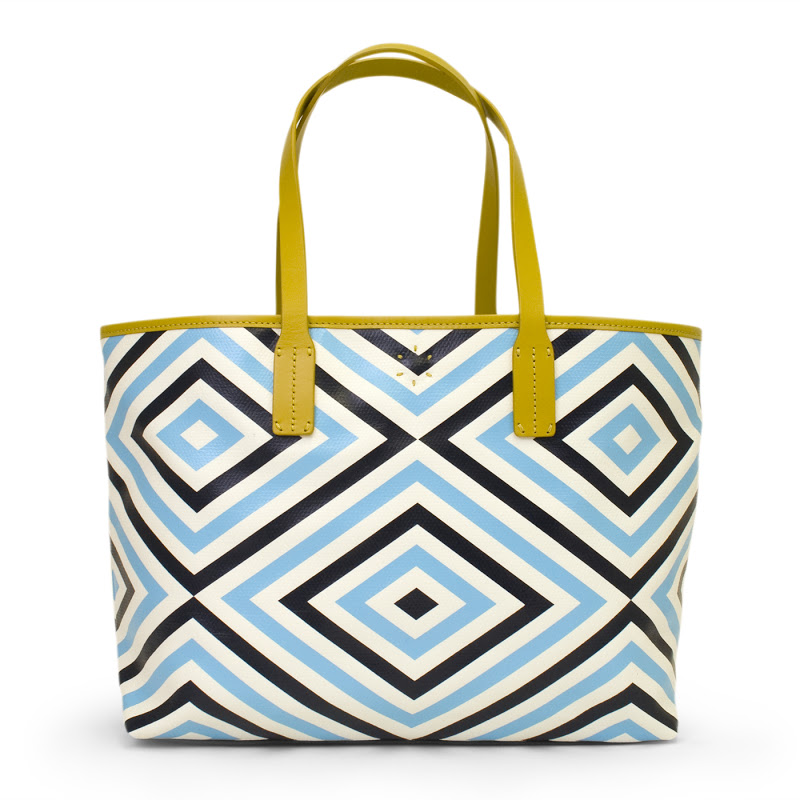 Coated canvas Blue Arcade Duchess Tote by Jonathan Adler with yellow leather trim and handles