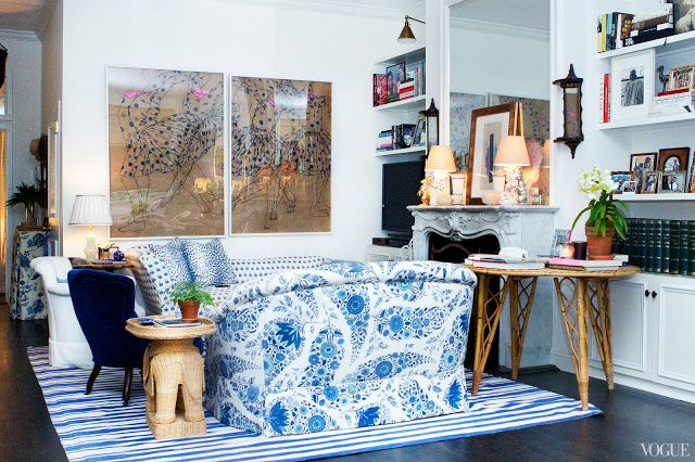 Rebecca de Ravenel's blue and white living room after being redecorated 