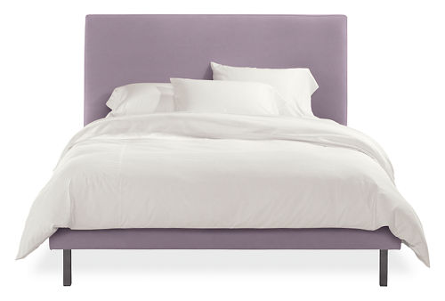 Queen upholstered bed in lilac colored fabric with metal legs