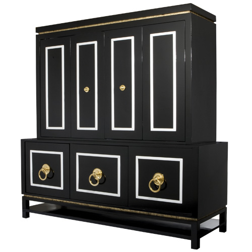 Black lacquer cabinet with white trim and brass fixtures