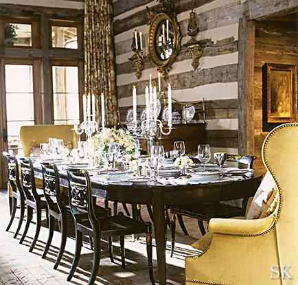 Dining room with reclaimed wood paneled walls