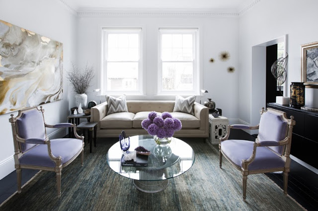 Contemporary living room with lavender accents