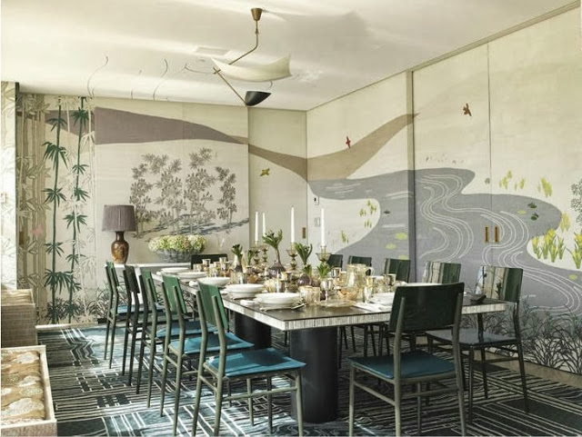 Modern Chinoisserie dining room with a wall mural 