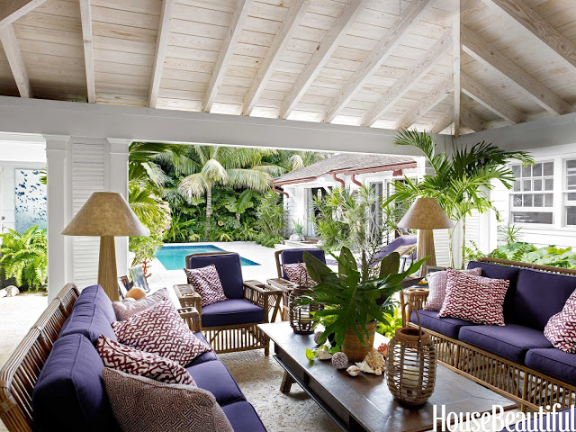 lilly pulitzer daughter liza calhoun palm beach home house living room outdoor indoor vaulted ceiling purple