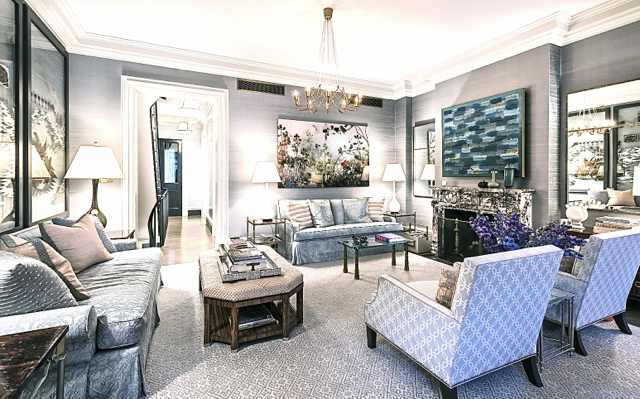 Blue and grey living room in Steven Gambrel's home