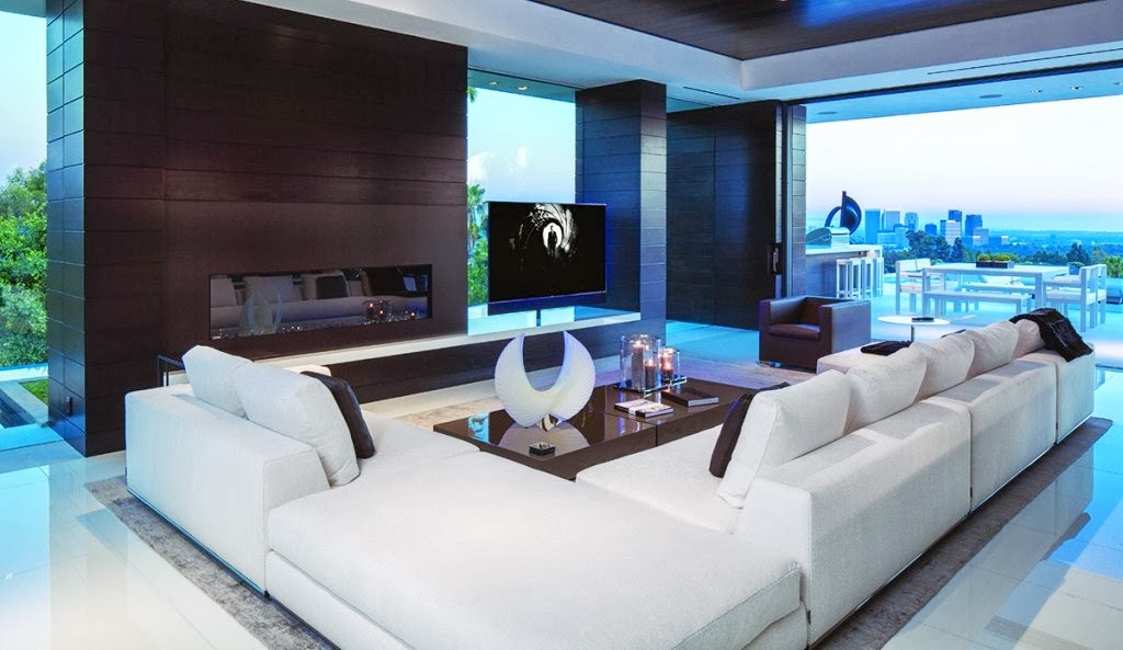 Sleek brown and white modern living room in a Beverly Hills mansion