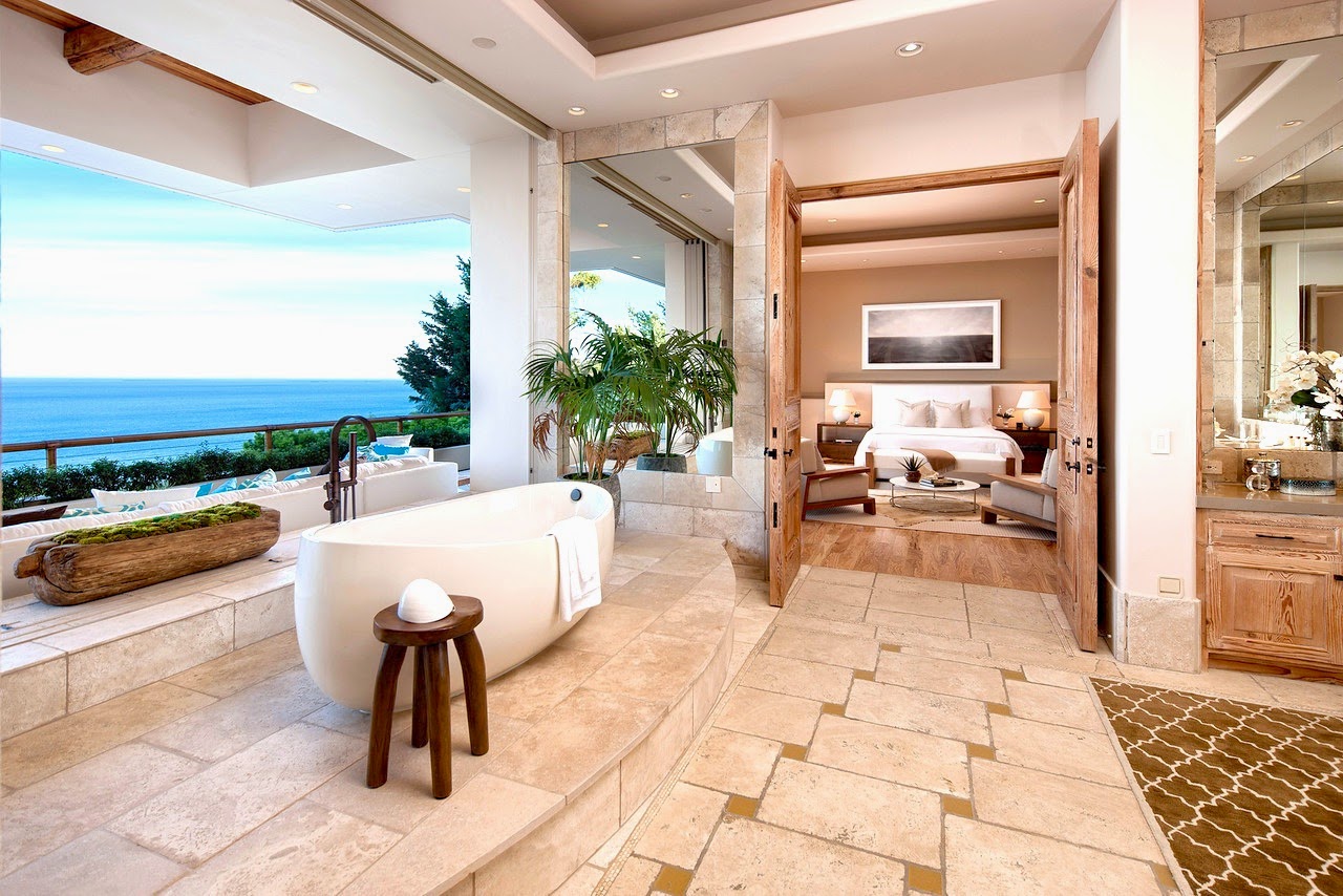 Master bathroom in a multi million dollar Malibu home with ocean view