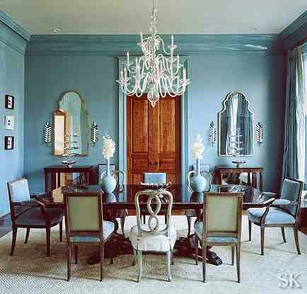 Blue dining room with mismatched chairs