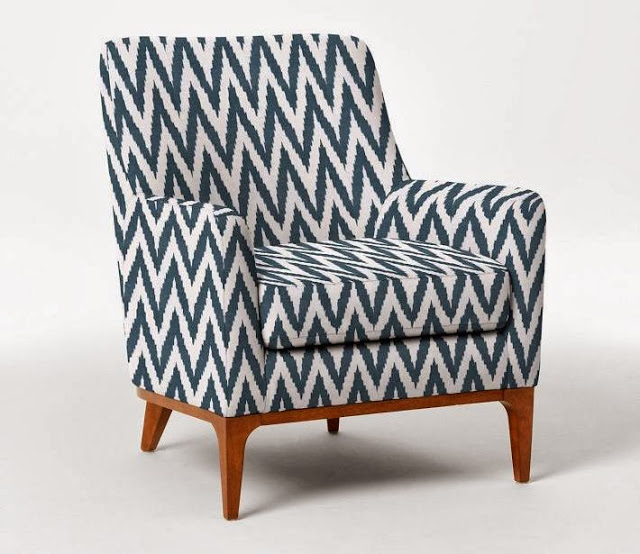 Upholstered blue and white ikat chevron chair