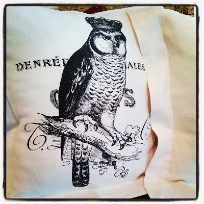 flour sack pillow with an owl sitting on a branch wearing a crown printed on the front