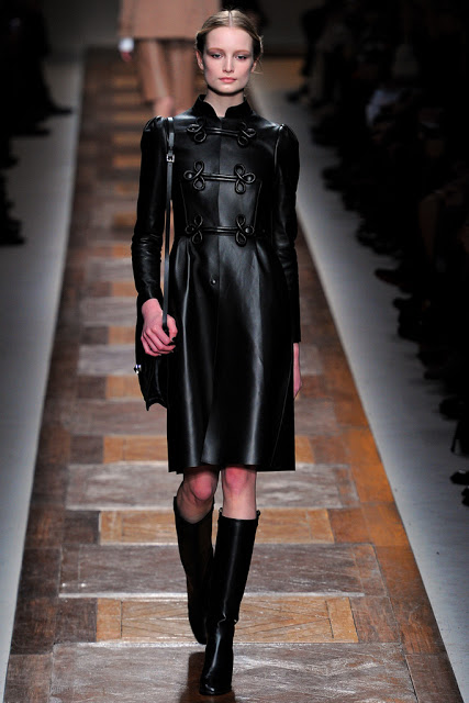 model from valentino fall 2012 runway show black leather military jacket with toggles