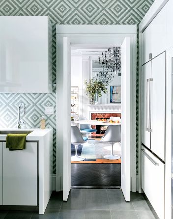 light blue diamond pattern wallpaper wall white modern kitchen flat front cabinet doors cabinets cabinetry
