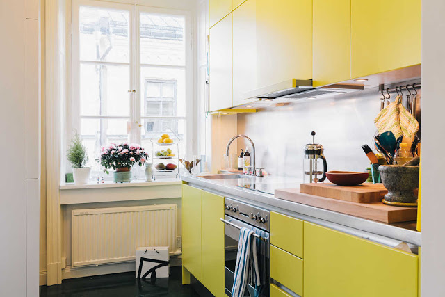 yellow kitchen modern stainless steel backsplash counters interior design home decor