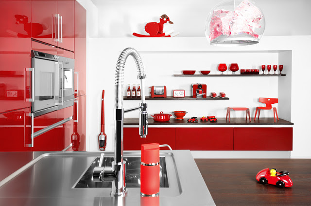 red small kitchen glossy cabinets cabinetry stainless steel counters countertops home decor decorating interior design