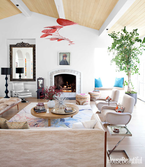 Todd Nickey and Amy Kehoe of Nickey Kehoe's living room in their Malibu home featured in House Beautiful