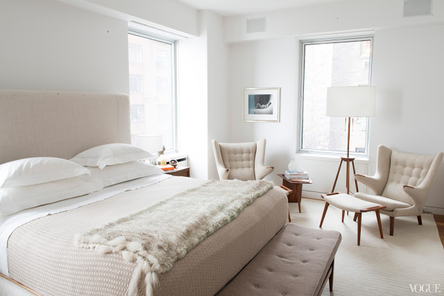 white color palette bedroom upholstered bed wegner papa bear chairs neutral cream new york city nyc apartment decor