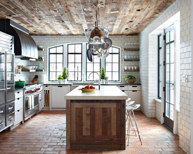 rustic kitchen brick floors reclaimed wood ceiling