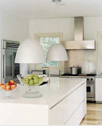 douglas friedman's modern kitchen with white island and dome pendant lights