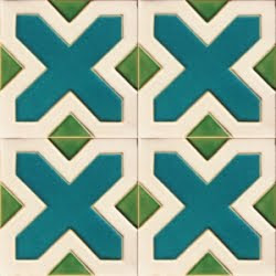 square handmade green turquoise and cream clay tile