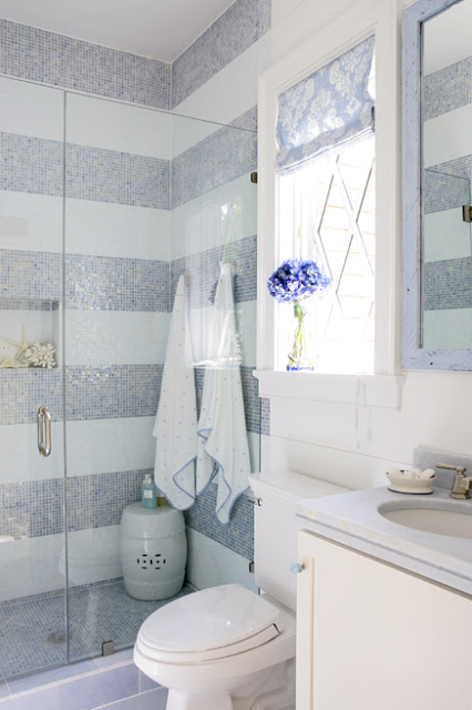 Bathroom with blue and white striped tiling on the walls