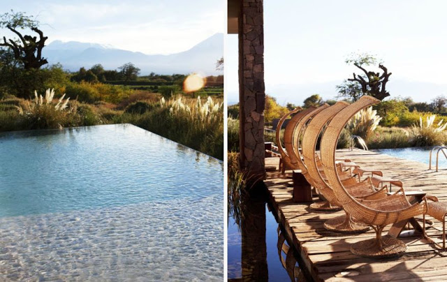 On the left: infinity pool overlooking nature. On the right: Wicker chairs by infinity pool