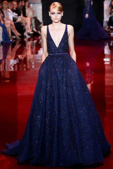 Model wearing a blue Elie Saab haute couture gown