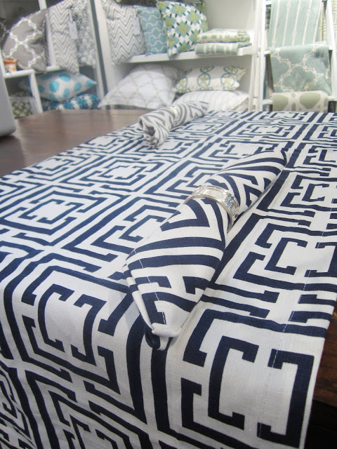 COCOCOZY Logo Navy table runner and napkins from the New York International Gift Fair